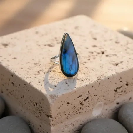 Bague Labradorite Goutte d’Aurore – Pierre allongée argent