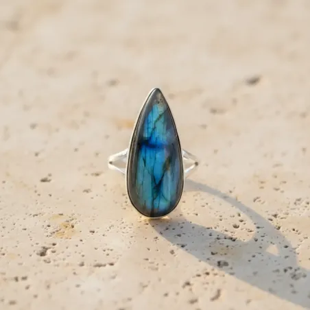 Bague Labradorite Goutte d’Aurore – Pierre allongée argent