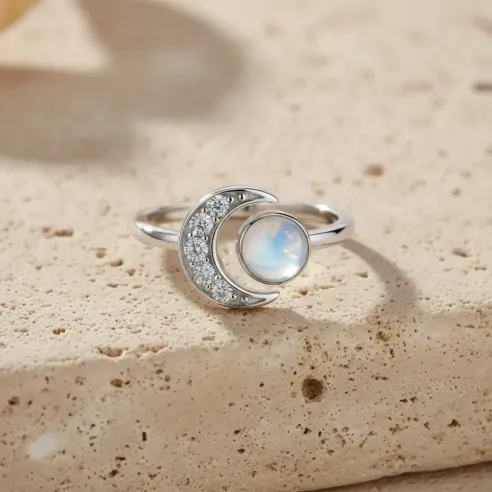 Bague Aiyana Pierre de Lune & Lune Argent – Lunaire Intuitif