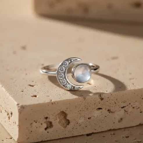 Bague Aiyana Pierre de Lune & Lune Argent – Lunaire Intuitif
