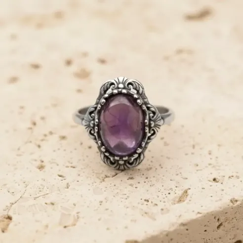Bague Alaric Améthyste Dentelle – Pierre naturelle & argent ajustable