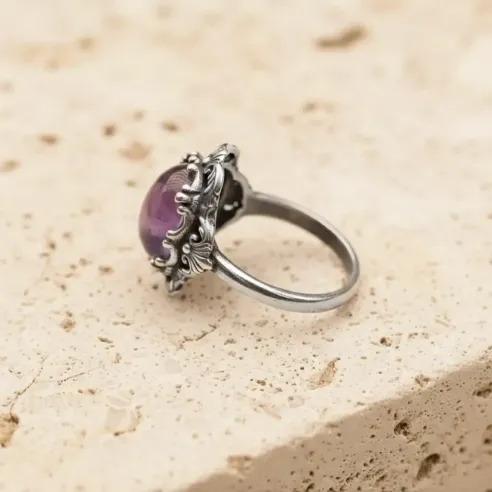 Bague Alaric Améthyste Dentelle – Pierre naturelle & argent ajustable