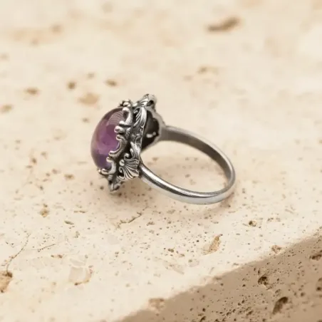 Bague Alaric Améthyste Dentelle – Pierre naturelle & argent ajustable