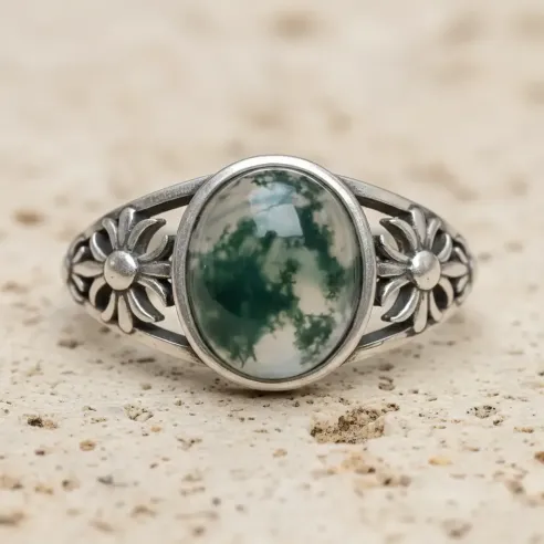 Bague Fleur Agate Mousse – Pierre Naturelle & Argent
