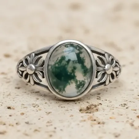 Bague Fleur Agate Mousse – Pierre Naturelle & Argent