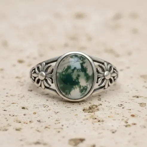 Bague Fleur Agate Mousse – Pierre Naturelle & Argent