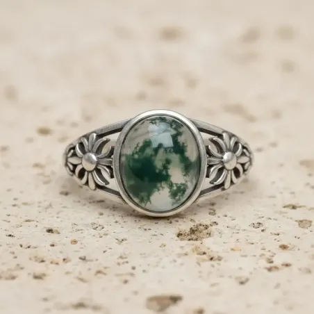 Bague Fleur Agate Mousse – Pierre Naturelle & Argent