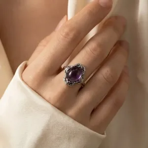 Bague Alaric Améthyste Dentelle – Pierre naturelle & argent ajustable