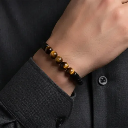 Bracelet cuir et Oeil de Tigre noir– Protection & Confiance