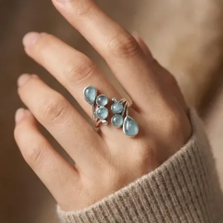 Bague Aigue-Marine Gouttes – Clarté & Communication Émotionnelle