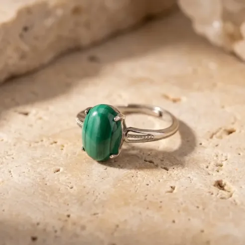 Bague Malachite Protection & Transformation – Réglable Plaqué Argent