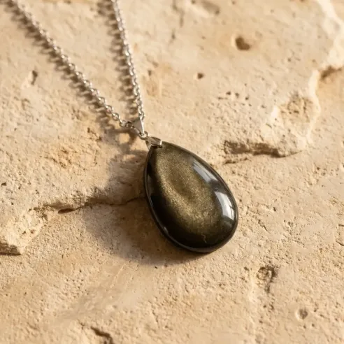 Pendentif Obsidienne Dorée Ovale– Protection & Introspection